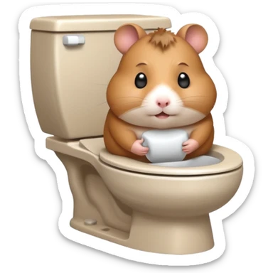Cute chubby cartoon-style hamster sitting on toilet pooping looking as if he had an accident sticker