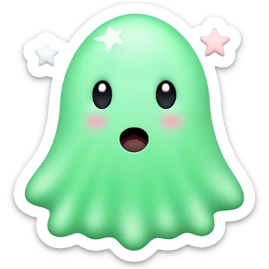 A cute, light green animated blob ghost with big round black eyes, a small white mouth, and rosy cheeks. The character has a unique upward-curving white tuft on its head. It stands against a soft pastel green background with a small white star to its left.  sticker