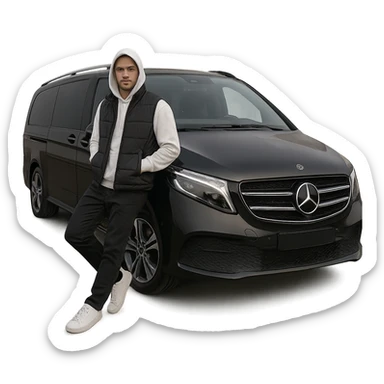 A cool male character in white sneakers, black pants, white hoodie, black vest, hood up, leaning on a black 2024 Mercedes-Benz V-Class Extra Long 300 d, isolated, full-body, ultra realistic, no text, transparent or white background. sticker
