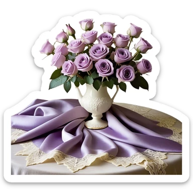 A dreamy, ethereal composition set in soft natural light: a lavish bouquet of light violet Ascott tea roses sits atop a vintage lace-covered table, their petals exuding a subtle fragrance. A deep purple satin throw adds contrast, its texture rich and luxurious. A graceful lavender butterfly hovers delicately above, as if drawn to the scene. An ivory silk ribbon, artfully tied into a loose bow, rests beside a beautifully designed pearl-colored vintage perfume flacon, its glass reflecting the surrounding hues in an elegant glow. sticker