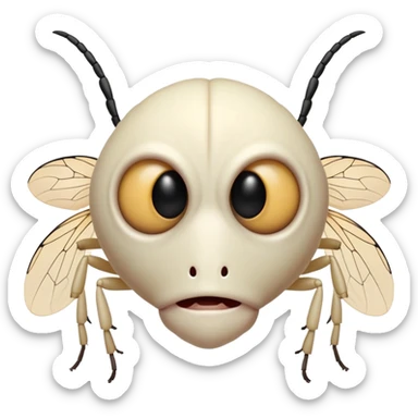 Front-facing albino insect alien face. Only the head — no body, no wings, no legs. Black fly eyes, antennae, and mandibles. Not human. sticker