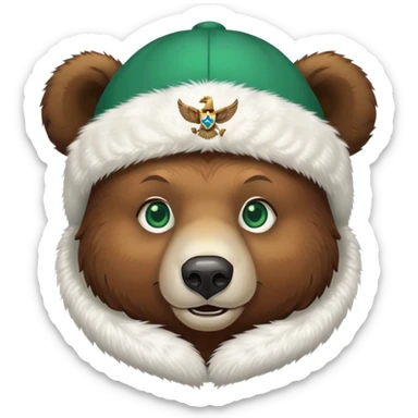 Cheerful brown bear head with emerald green eyes wearing white winter ushanka hat with double-headed eagle symbol centered, Russian themed sticker