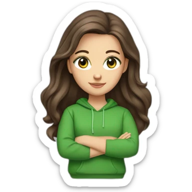 white girl with long dark brown layered hair, green/brown eyes and red sweatshirt sticker