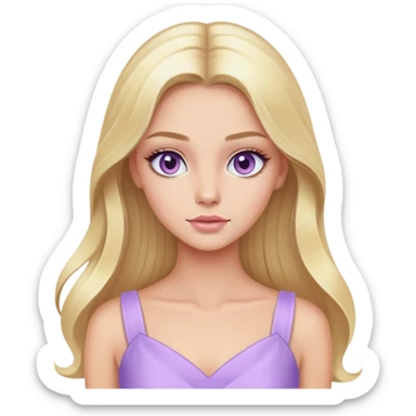 Luxury blonde model, hazel eyes, sleek long hair, pastel purple dress sticker