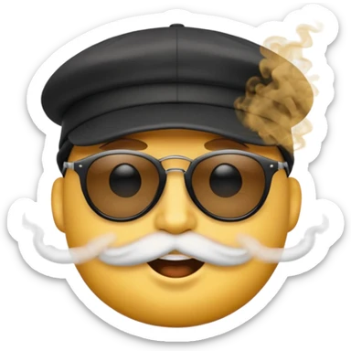 A high-res yellow face emoji with black sunglasses and a backwards black cap, smirking with half-lidded eyes and exhaling soft gray-white smoke, with detailed shading, glossy lenses, and realistic smoke wisps. sticker