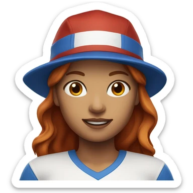 front facing standing female coach with long red hair, wearing a white t-shirt and a simple blue hat sticker