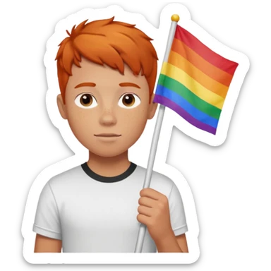 A gay, ginger, young, freckled, boy with a shirt with the name JUDE on it in red marker, holding a pride flag sticker