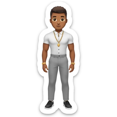 Handsome Black guy with brown skin tone, with lean muscular build, wearing gray slacks, a white button up top, black shoes, and a small gold chain sticker