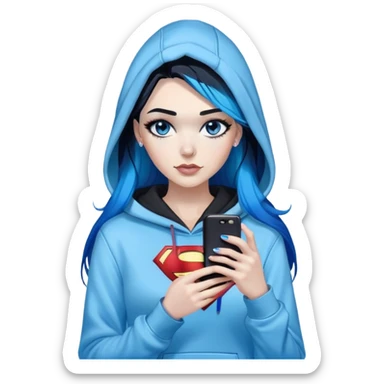 Female-sorry-Very tall-very very very large chest-texting on a samsung cell phone-very long straight black to sky blue hair ombre-blue eyes-black eyeliner-long eyelashes-hoodie with glitter superman logo-leggings-lippierced sticker