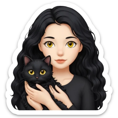 una ragazza di circa 25 anni, capelli lunghi ondulati neri con in braccio un gatto nero sticker