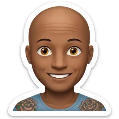 This is a cartoon-style avatar of a bald man with dark skin, golden-brown eyes, and several tattoos on his face, smiling with a friendly expression. sticker