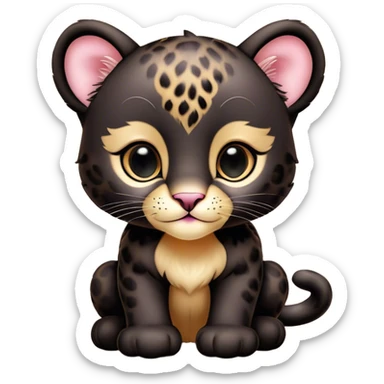 Cinematic Cute Baby Panther Portrait Emoji, Head tilted playfully and inquisitively, with a delightfully compact form accented by soft, velvety fur and round, sparkling eyes filled with wonder, Simplified yet irresistibly adorable features, highly detailed, glowing with a warm, inviting glow, high shine, affectionate and lively, stylized with a touch of whimsical cuteness, bright and endearing, soft glowing outline, capturing the essence of a mischievous yet loving baby panther that seems as if it could tumble out of the screen into your arms! sticker