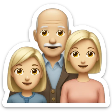 emoji of an old bald man with 4 kids, 3 girls, 1 blond hair, 2 brown hair, 1 boy with blond hair and an old blond women sticker