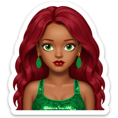Rihanna with dark red long hair, green sequin crop top, hazel eye sticker