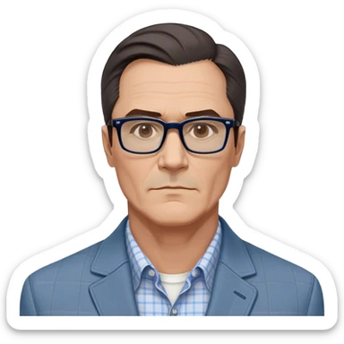 50-year-old man with very prominent and large square jawline that's wider than the rest of his face. Large dark square glasses, short straight hair combed to the side with some gray. Serious-relaxed expression. Light gray jacket, white shirt with blue checkered pattern. sticker