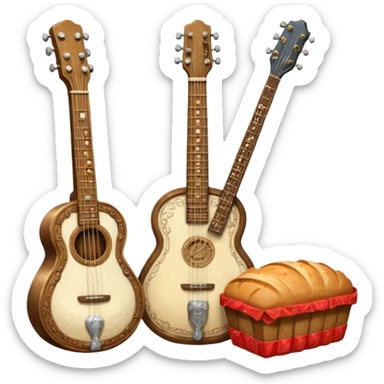 steampunk - a bottle of salt (salt shaker) and a loaf of peasant bread with a small electric guitar sticker