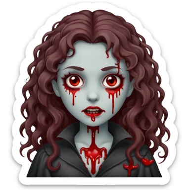 Vampire zombie girl with blood. Gray skin and long brown curly hair sticker