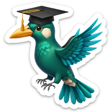 Un COLIBRÍ con birrete de graduación y que el colibrí sea turquesa oscuro, que este se vea bastante realista  sticker