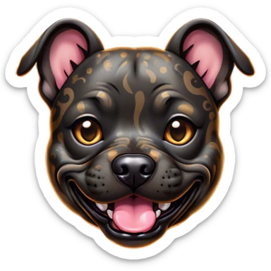 Cinematic Comical Black/Brindle Staffordshire Bull Terrier Portrait Emoji, Head tilted dramatically with an exaggeratedly amused expression, featuring a striking Fur with bold black and brindle patterns, wide, expressive dark eyes filled with playful disbelief, Simplified yet hilariously expressive features, highly detailed, glowing with a slightly sassy glow, high shine, dramatic yet playful, stylized with an air of cheeky mischief, bright and endearing, soft glowing outline, capturing the essence of a spirited and over-the-top guardian, so meme-worthy it feels like it could side-eye its way into internet fame instantly! sticker