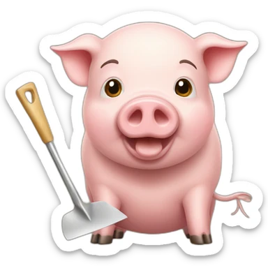 A pig with a shovel eating cheese sticker