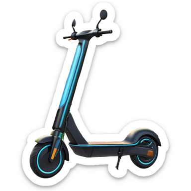 An icon featuring a sleek electric scooter parked on a scenic path. The background showcases a vibrant city park with green trees, flowers, and a clear blue sky. The sun sets in the distance, casting a warm golden glow on the landscape. Transparent background sticker