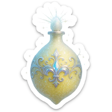 modernus prabangus eliksyro buteliukas, šaldytos citrinos forma, šerkšnas, šviesiai geltona spalva, dar stipresni holografiniai ir sidabriniai ornamentai, itin ryškūs magiški švytėjimai ir efektai, labai mažas kaklelis, skaidrus fonas, vientisas dugnas, be šešėlio, plūduriuoja ore, kolekcijos stilius sticker