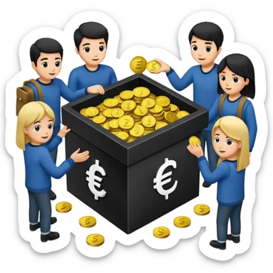 A box of money 💶  A euro icon €  a lot of Students putting coins into the box sticker