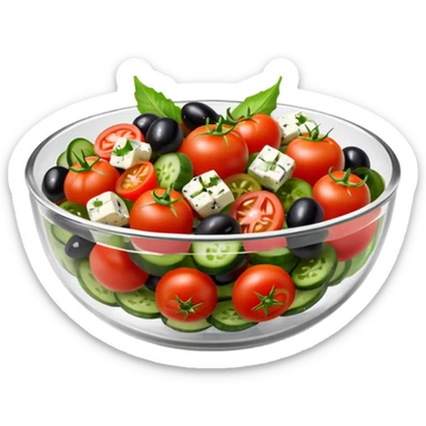 mediterranean salad bowl object icon, served in a transparent glass bowl, tomatoes, cucumbers, olives, feta cheese, olive oil dressing, glossy fresh look, 3D cartoon, mobile game icon style, centered, clean background, soft shadow, no text, no watermark sticker