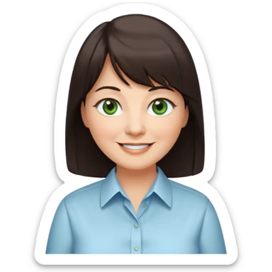 60 yr old woman, green eyes, long straight dark brown hair, business shirt, chubby, bangs sticker