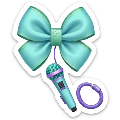 A pastel blue bow with a pastel a pastel green snake at the top of one side and a pastel purple microphone on the bottom of the other side of the bow sticker