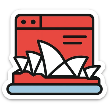 Sydney Opera House with digital page elements, tech-inspired, red and white, Microsoft Power Pages branding icon sticker