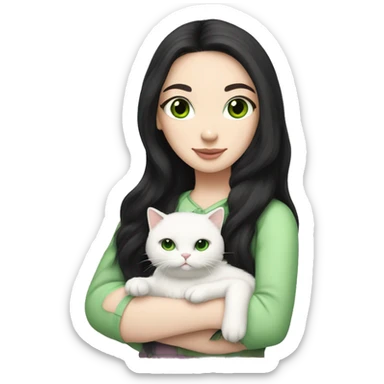 girl with pale skin, very long dark black hair and green eyes and light pink outfit hugging a white fluffy scottish cat sticker