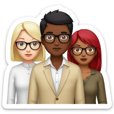 3 people. One male Indian with black hair. One female red hair glasses white. One female blonde hair glasses white  sticker