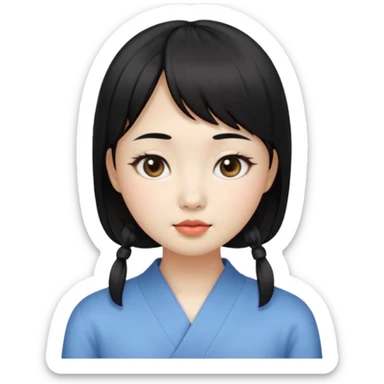 Clean Korean illustration-style emoji portrait of a young Korean woman, front-facing.
Smooth porcelain skin, soft shading, large round eyes, calm neutral expression.
Straight black bangs, black hair tied back, small nose and lips.
Round oval face, soft jawline.

 sticker