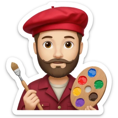 man artist with beard, wearing red beret and painter sticker