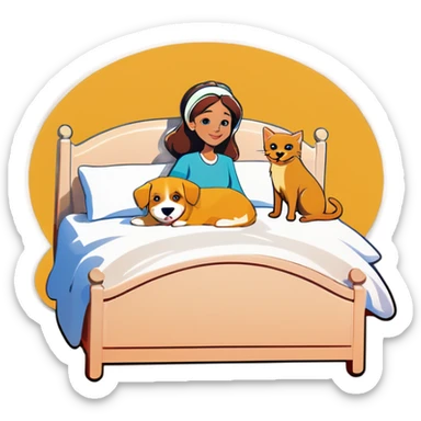 Woman in bed with two cats and a golden retriever sticker