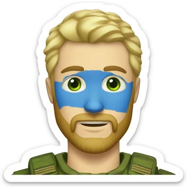ukrainian military blonde man with a beard with green eyes with blue viking paint on the face  sticker
