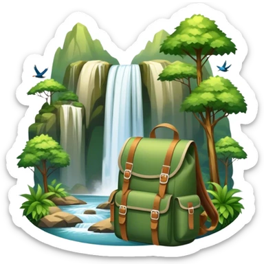 Icon for Ecotourism: lightweight hiking backpack and a scenic landscape with lush green forests, a waterfall, and wildlife, such as birds or animals in background. Transparent background. sticker