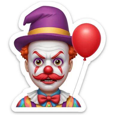 Angry clown — furrowed brow, mustache, tiny hat, hold red balloon sticker