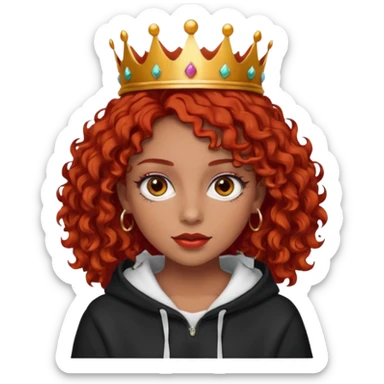 Slim girl with a fine face, dark chocolate-colored and tanned skin, medium-length curly tomato-red hair, dark eyes, medium-thick eyelashes, and a crown and hoop earrings wearing a white hooded sweatshirt.
 sticker