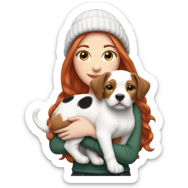 Long Red haired white woman in beanie with holding both a black and white English Staffordshire puppy and tabby cat sticker