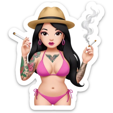 caucasian curvy girl, with tattoos, in pink bikini, smoking, with a long straight black hair  sticker