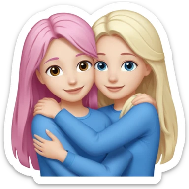 four white grips hugging and smiling    2 girls with brown eyes and long dark brown hair. One girl with long light pink hair and blue eyes, one girl with blue eyes and light blonde hair sticker
