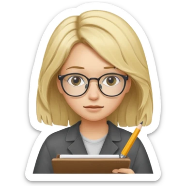 young blonde disheveled hair woman is writing an exam sticker