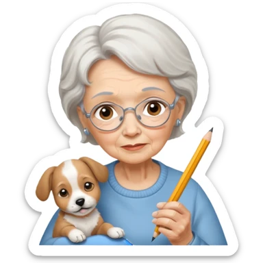 An elderly woman sketching her puppy face. sticker
