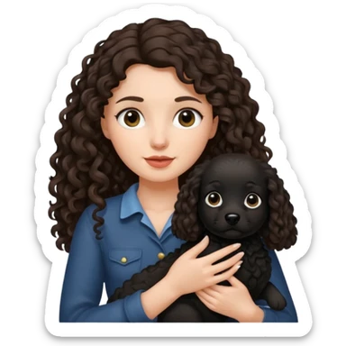 A brunette long haired a lil bit curly hair holding a black dog sticker