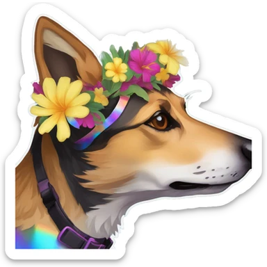  brindle brown black maroon gold lurcher Alsatian fox running blue eyes and iridescent holographic oilslick harness wearing paper iridescent tropical flower crown yellow caution tape sticker