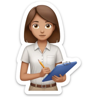 Intern or volunteer with brown hair holding a clipboard and pencil, ready to take notes or assist. The character wears a simple shirt and has an eager posture sticker