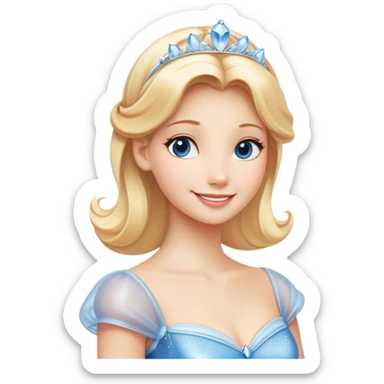 Cinematic Radiant Cinderella Portrait Emoji, rendered in a clean vector-style with bold proportions. Show Cinderella with a warm, serene smile, fair skin, and lustrous blonde hair, wearing a simple yet elegant dress that shimmers with gentle light. The image glows with an inviting, soft radiance and high shine, embodying timeless beauty. sticker