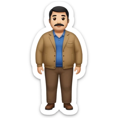 Fat brown man. Clothed. Full body. Black hair. Small beard and mustache. Black hair sticker